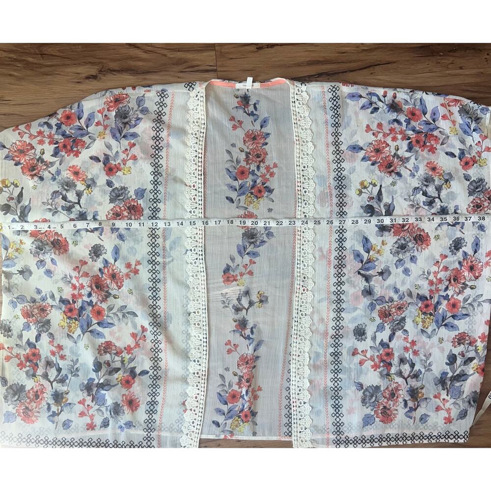 Maurices Crochet Trim Floral Kimono Ivory Coral Blue Sheer Lightweight Long S/M - Picture 9 of 9